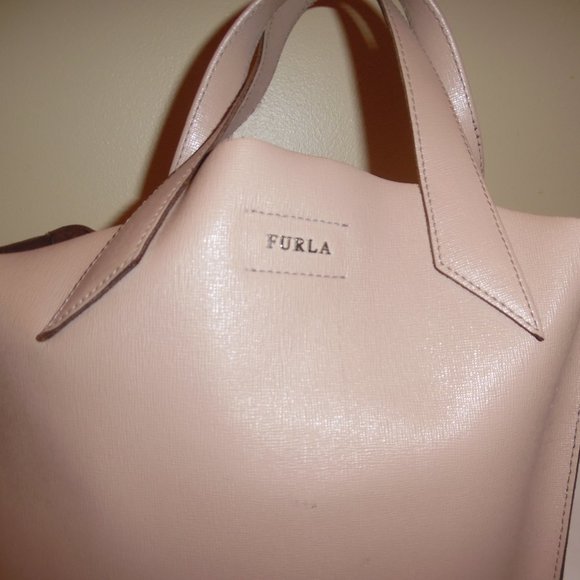 Furla Jucca Small Saffiano Beige Tan Leather Tote Logo Handbag Purse Bag - Picture 3 of 13